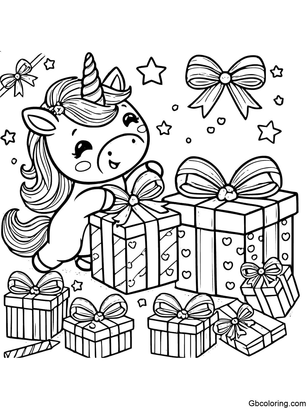 A unicorn unwrapping a birthday present, ready for kids to color.