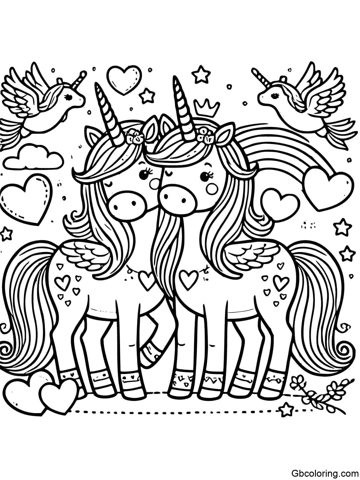 Unicorns with heart shapes symbolizing friendship for coloring