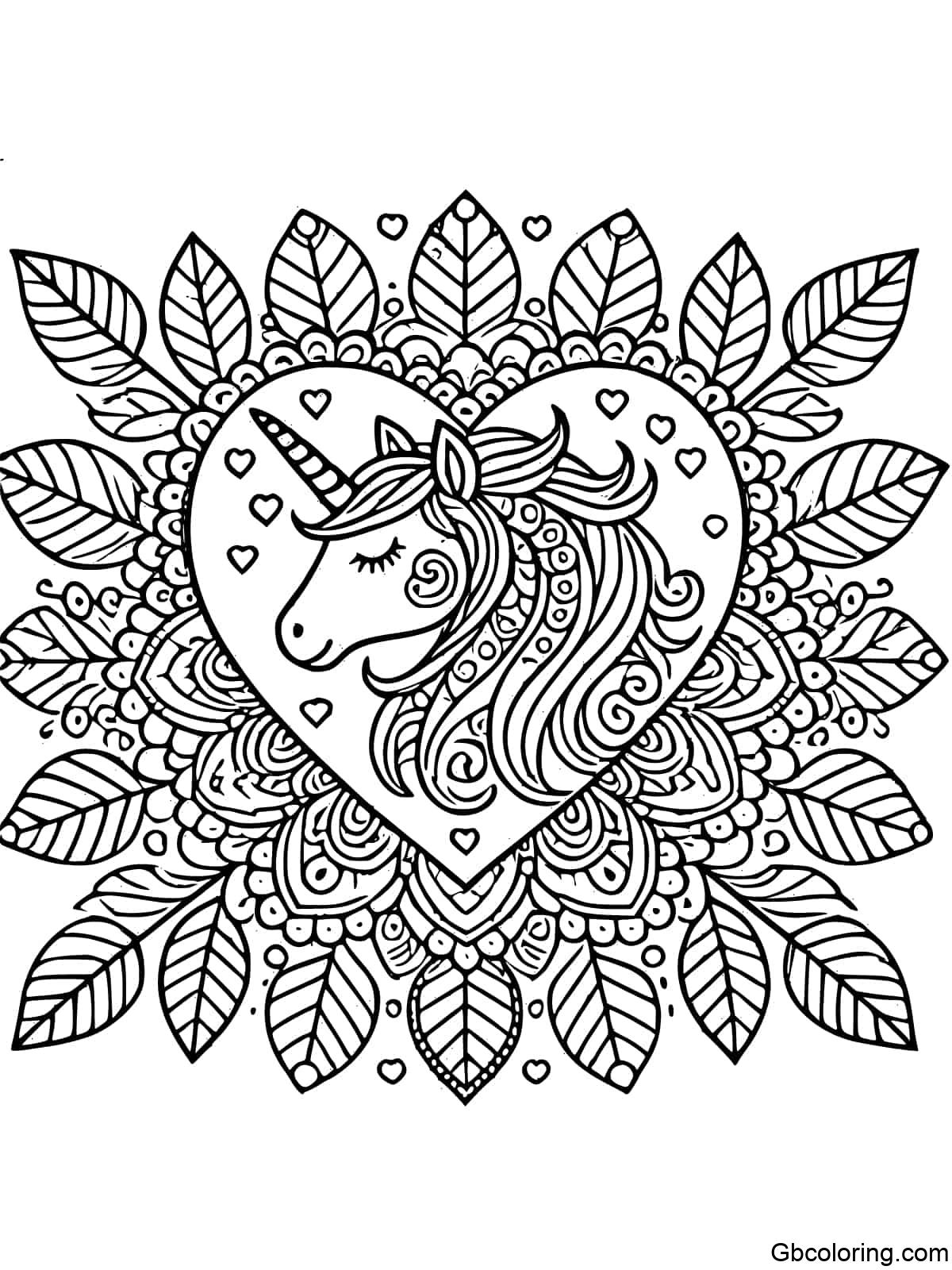 Mandala with unicorn and heart shapes for coloring