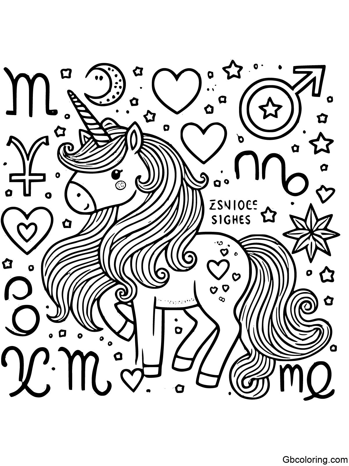 Unicorn with heart shapes and zodiac signs for coloring