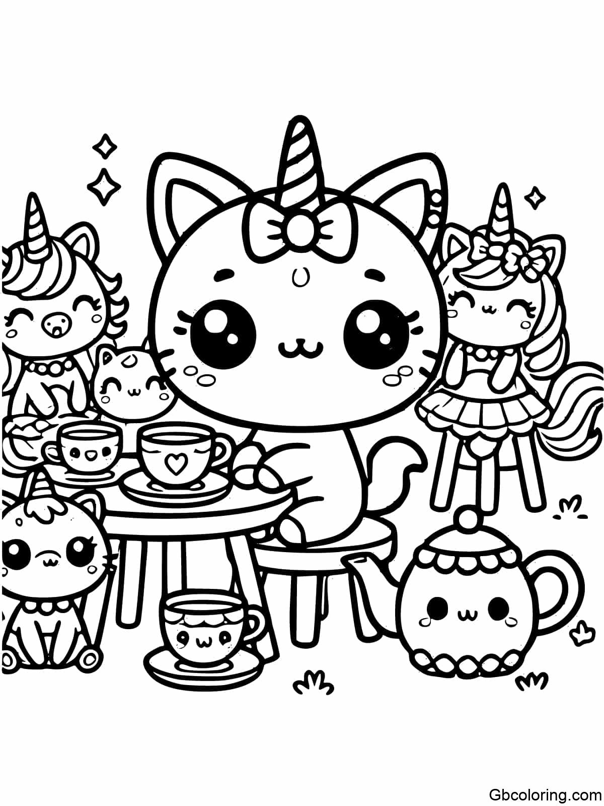 A Unicorn Kawaii Cat having a tea party with friends