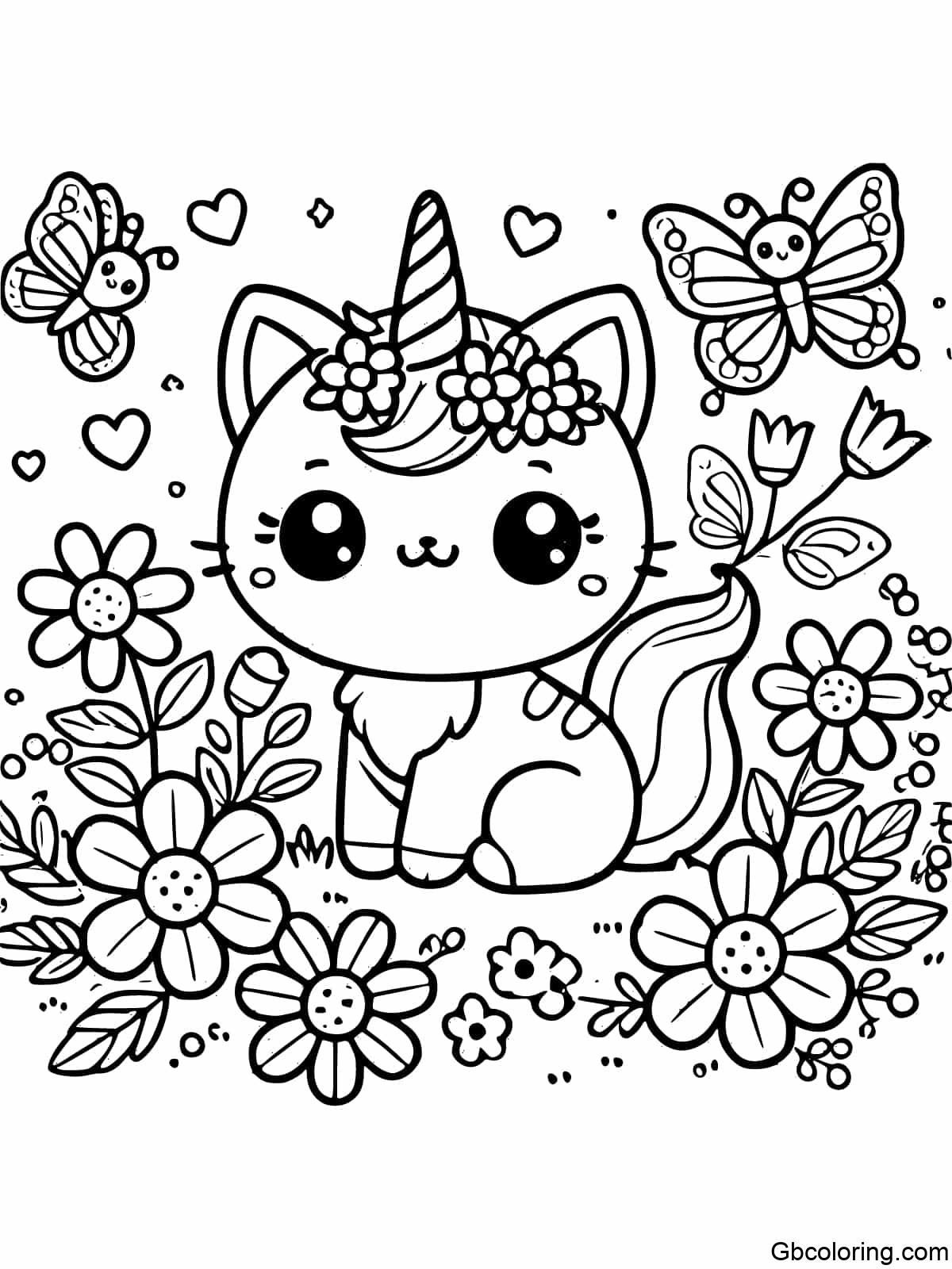 A Unicorn Kawaii Cat in a blooming flower garden with butterflies