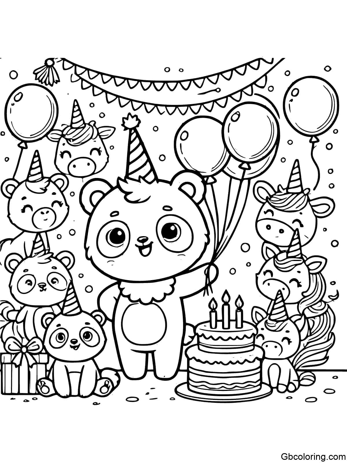 Unicorn Panda celebrating a birthday with balloons and a cake