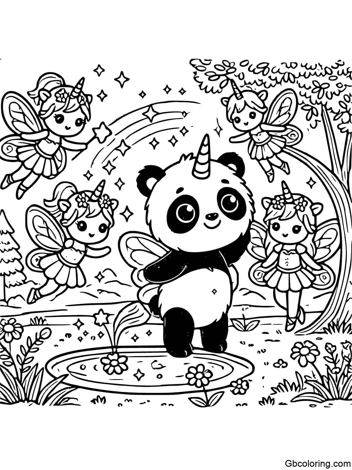 Unicorn Panda playing with fairy friends in a meadow