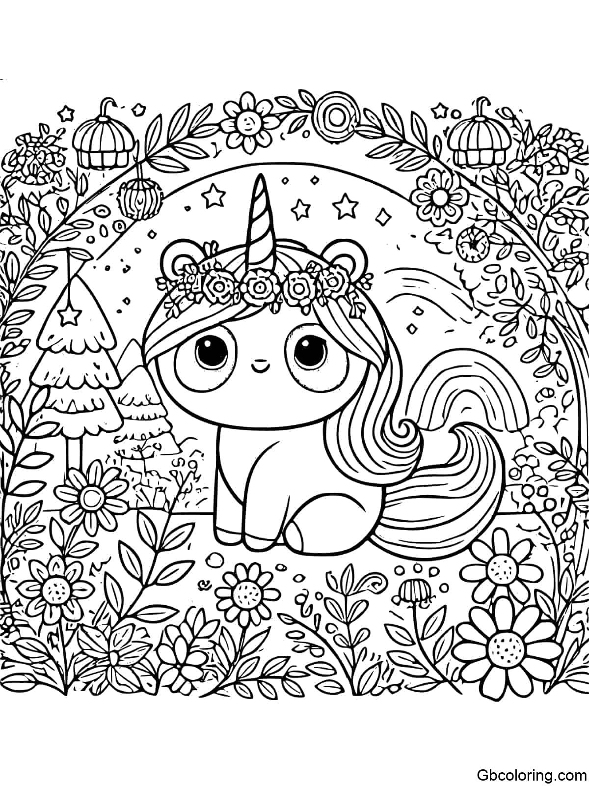 Unicorn Panda exploring a secret garden with flowers and trees