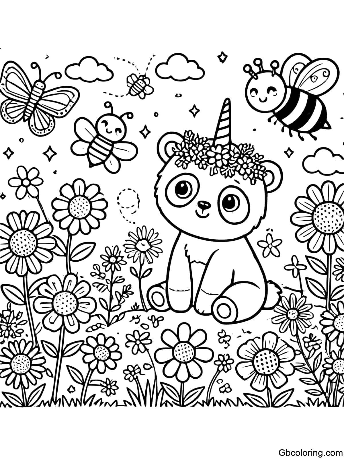 Unicorn Panda surrounded by flowers in a garden