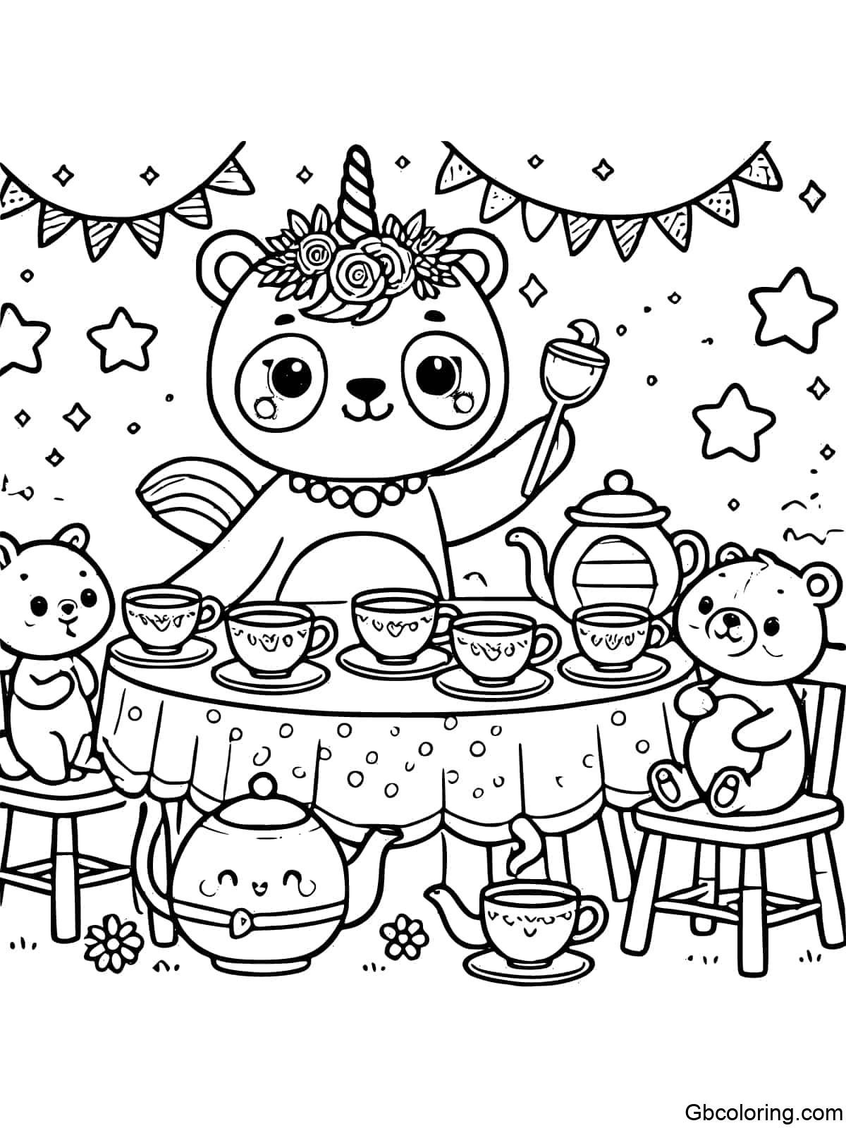 Unicorn Panda hosting a tea party with animal friends