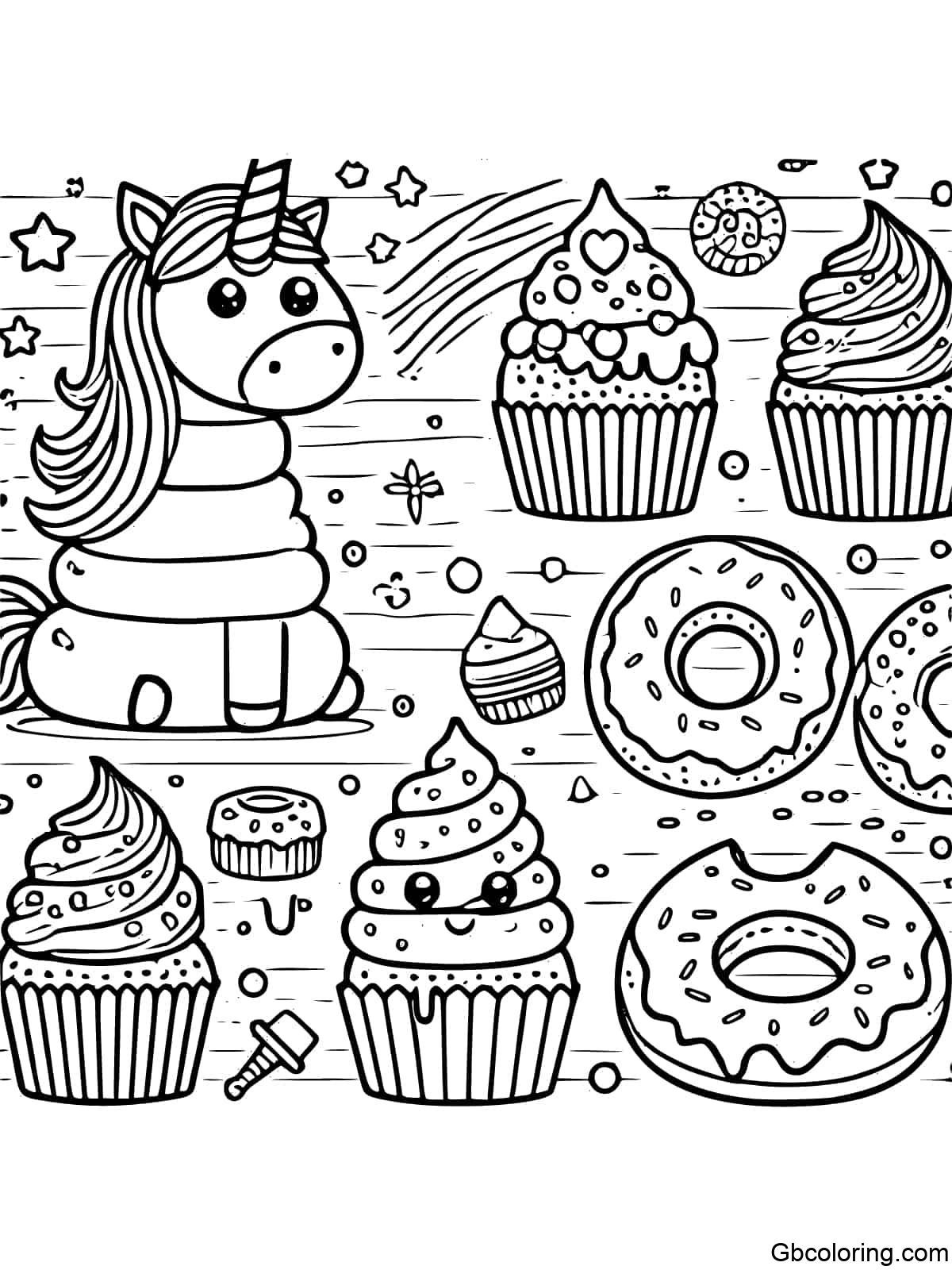 Bakery scene with cupcakes, donuts, and cakes made from unicorn poop