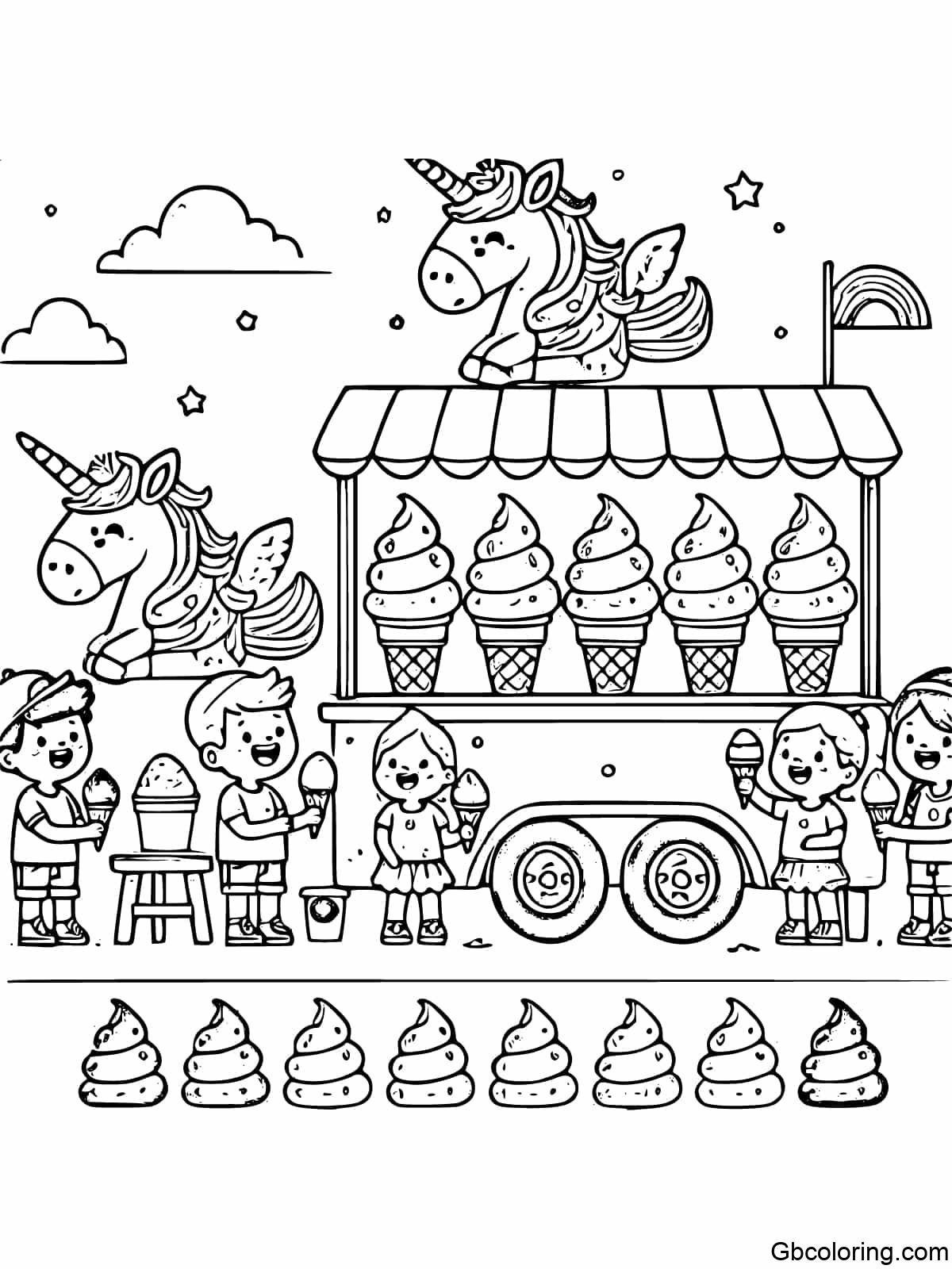 Ice cream stand selling different flavors of unicorn poop ice cream with happy children