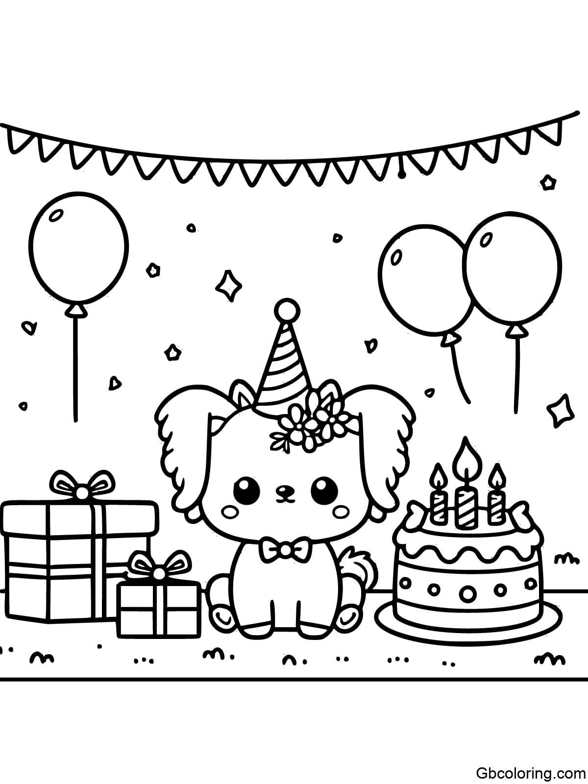 A cute unicorn puppy wearing a party hat, surrounded by balloons, a birthday cake, and presents