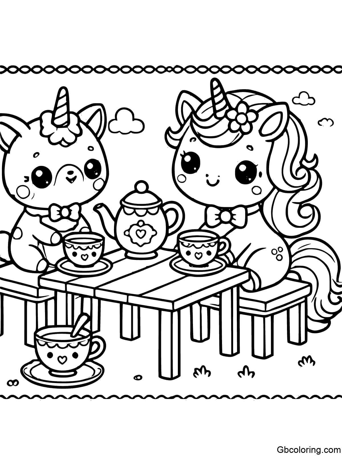 A unicorn puppy having tea with friends, with teacups, a teapot, and a small table