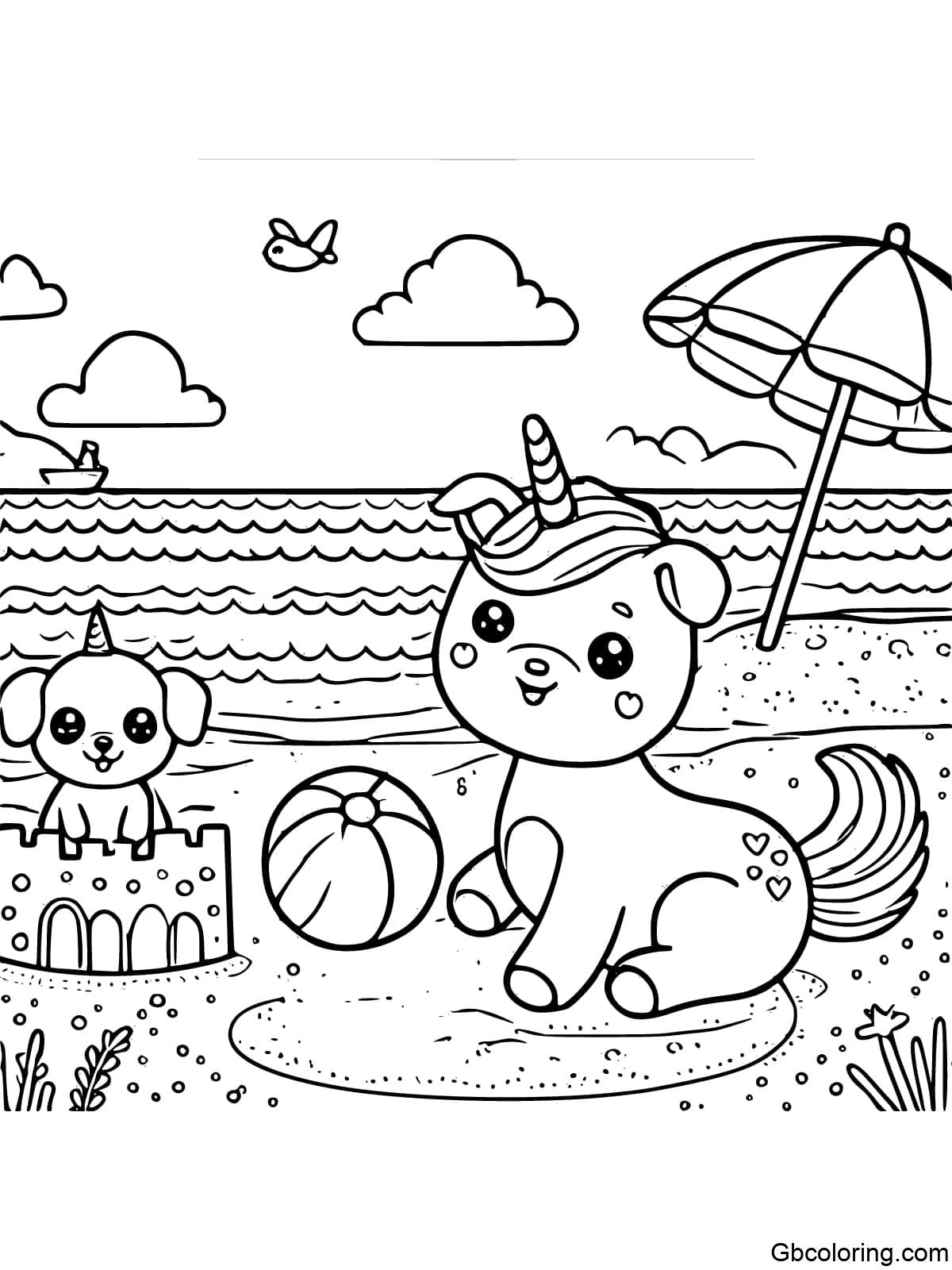 A unicorn puppy playing with a beach ball, with a sandcastle and waves in the background