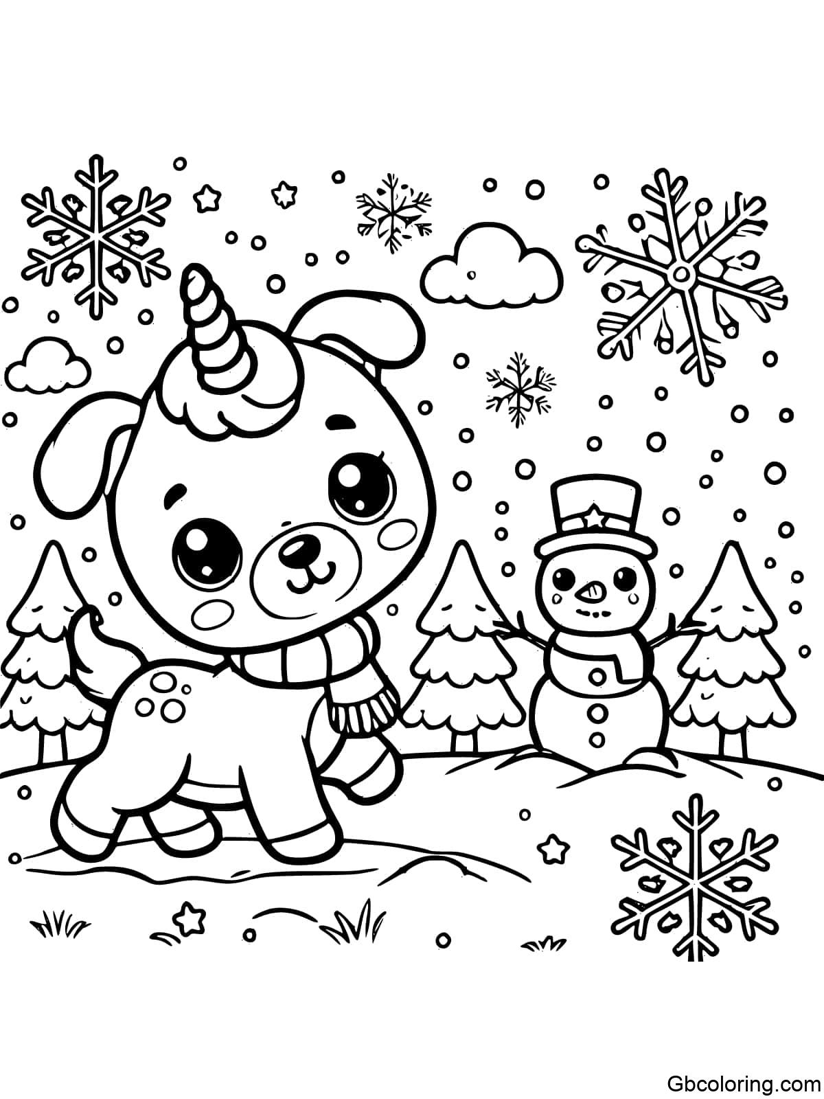 A unicorn puppy playing in the snow with snowflakes falling and a snowman nearby