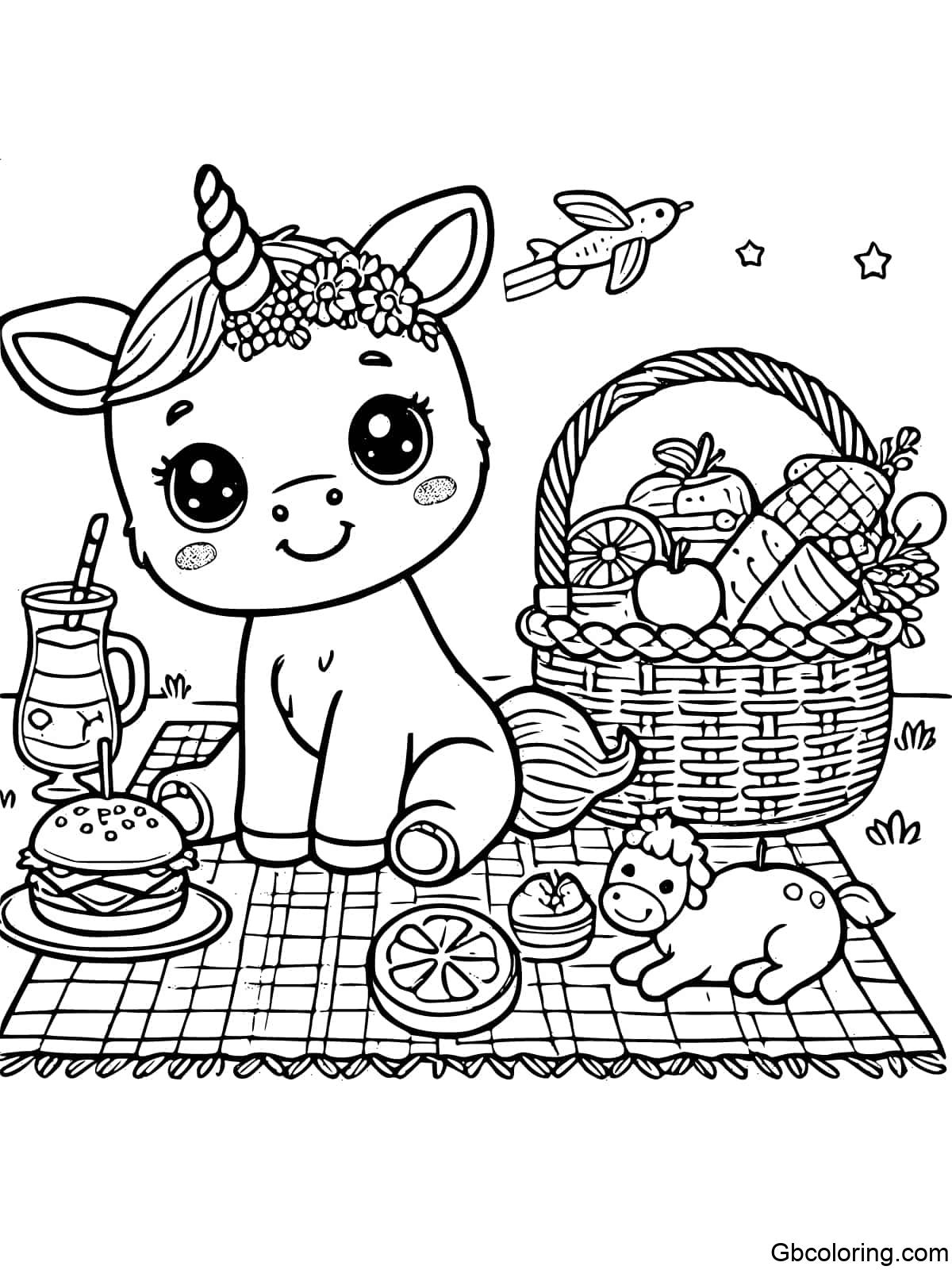 : A unicorn puppy enjoying a picnic with a blanket, basket, and various treats