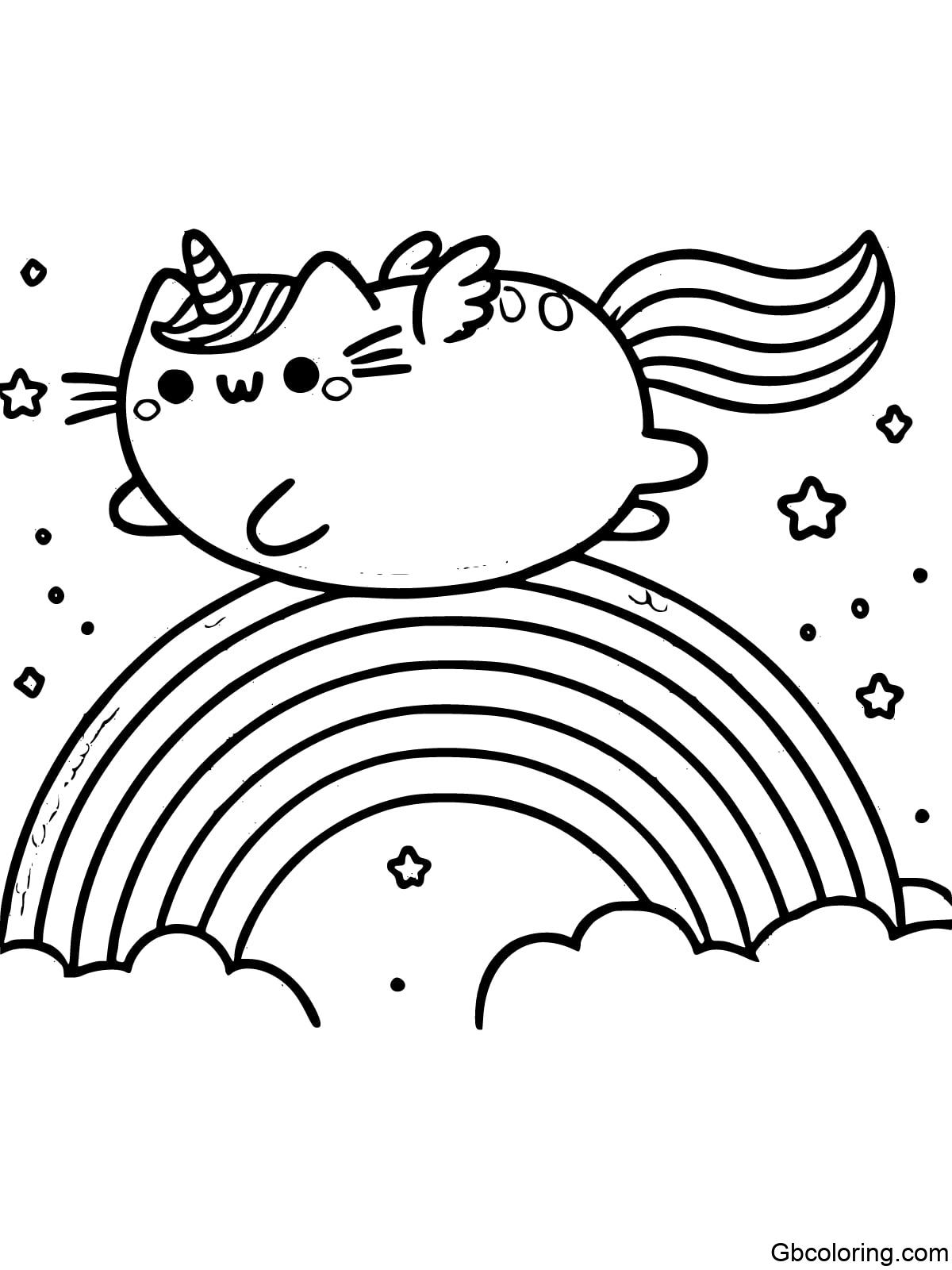 Coloring page featuring Unicorn Pusheen flying over a vibrant rainbow