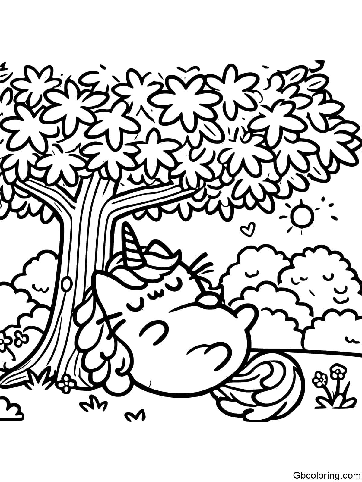 Coloring page of Unicorn Pusheen resting peacefully under a tree