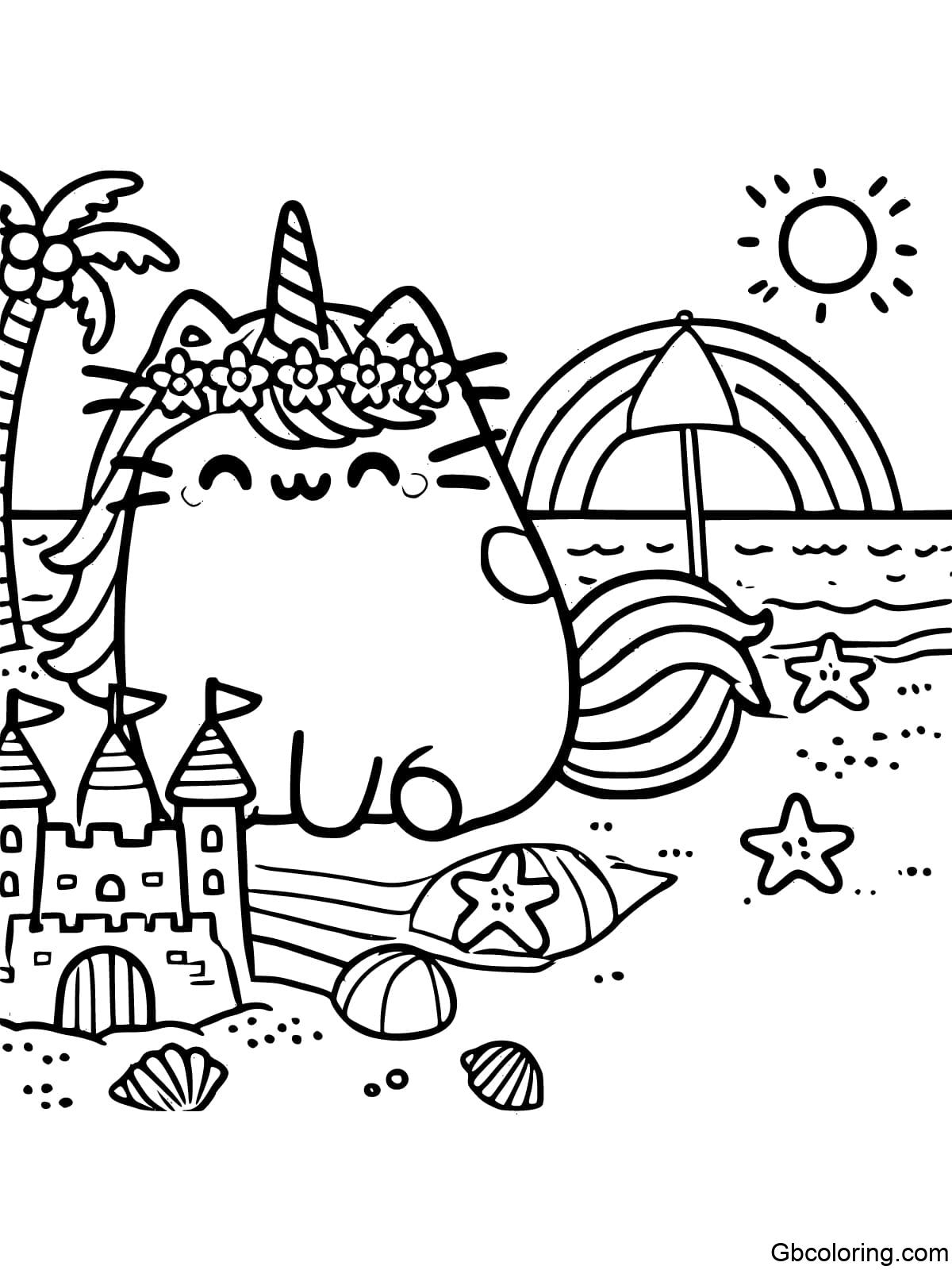 Coloring page of Unicorn Pusheen enjoying a sunny day at the beach