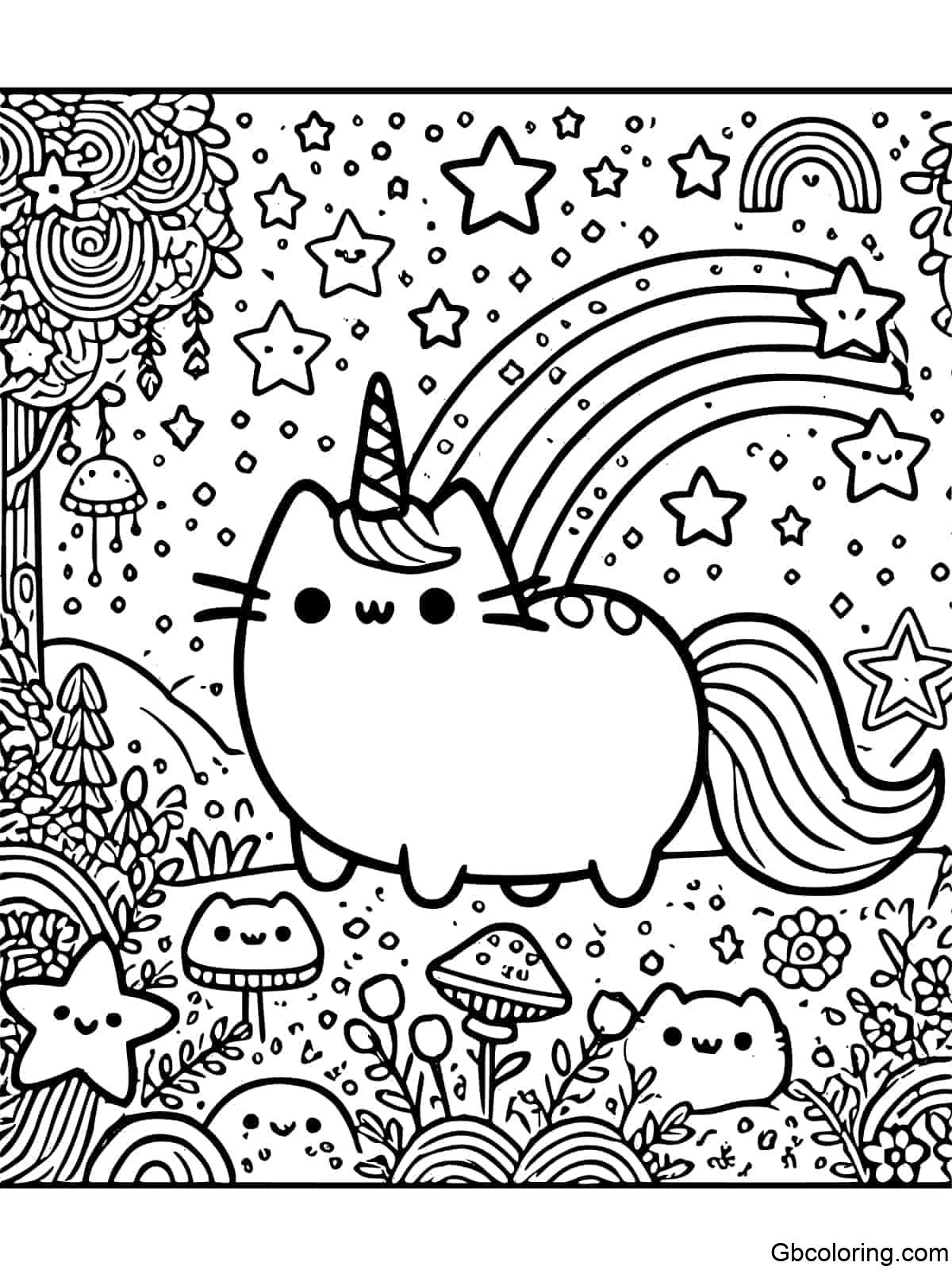 Coloring page of Unicorn Pusheen in a magical forest with stars and mystical creatures