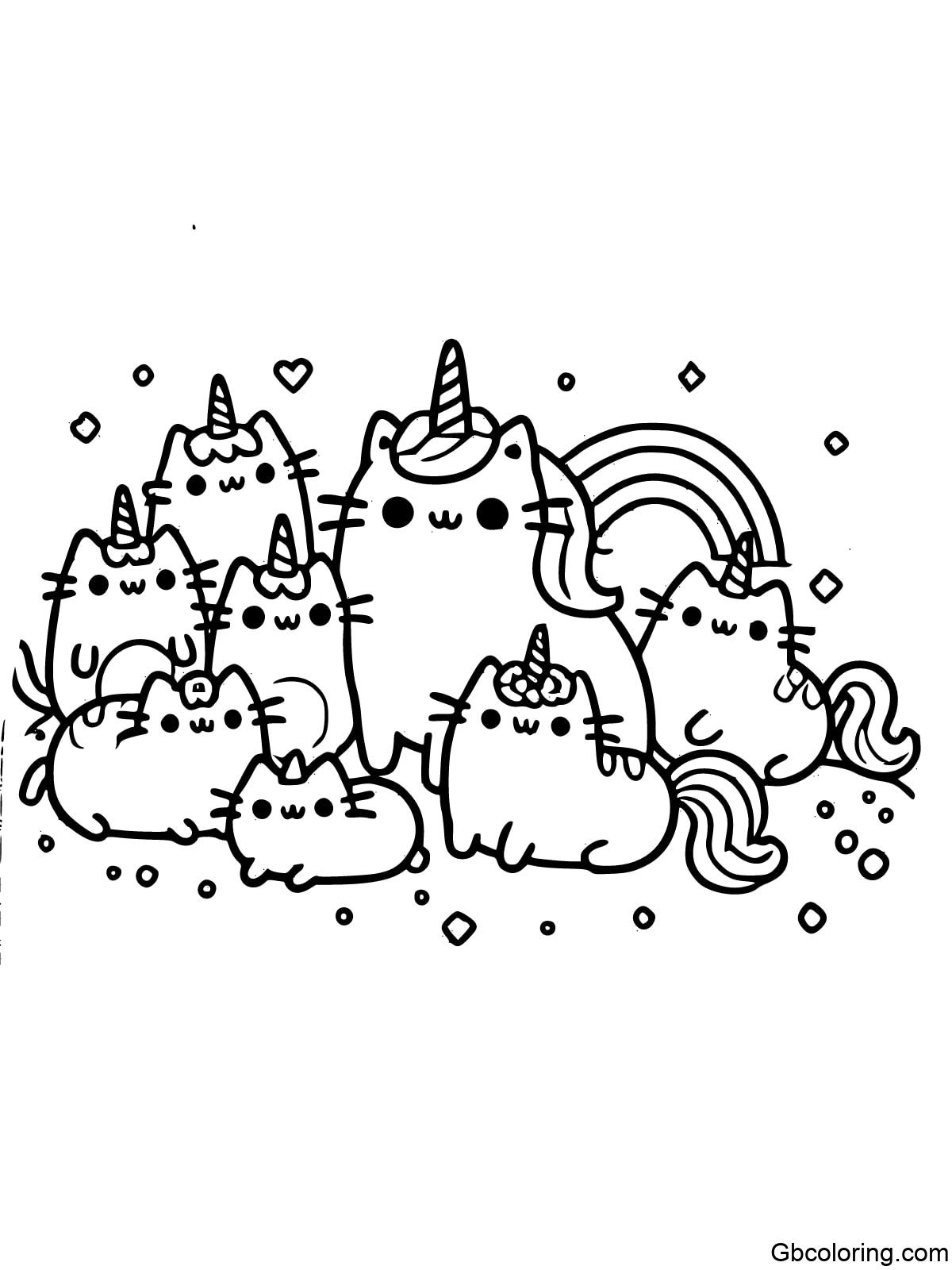 Coloring page showing Unicorn Pusheen with her friends in a delightful gathering