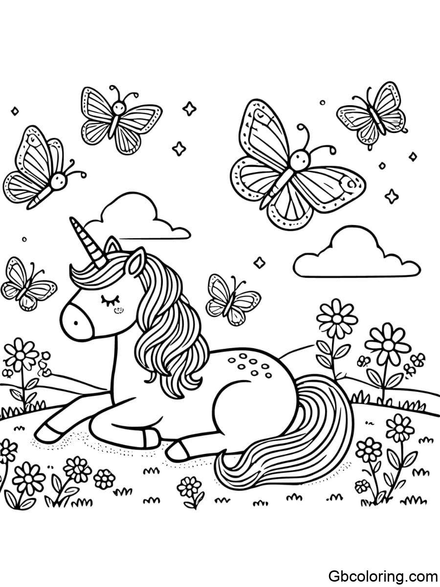 unicorn lying with butterflies flying coloring pages