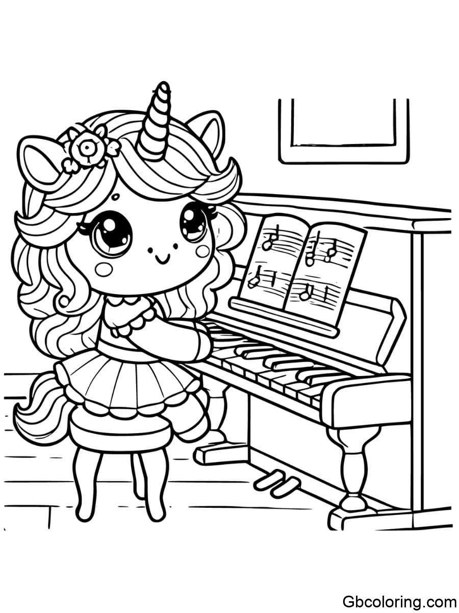 Unicorn girl playing piano coloring pages