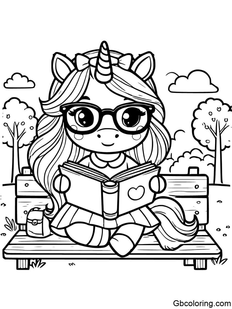 Unicorn girl reading book on bench coloring pages