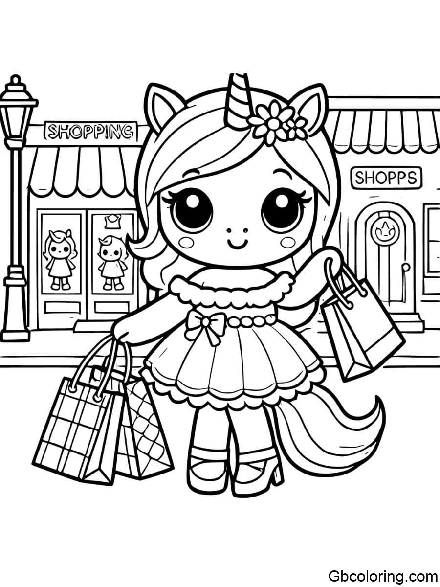 Unicorn girl shopping with bags coloring pages