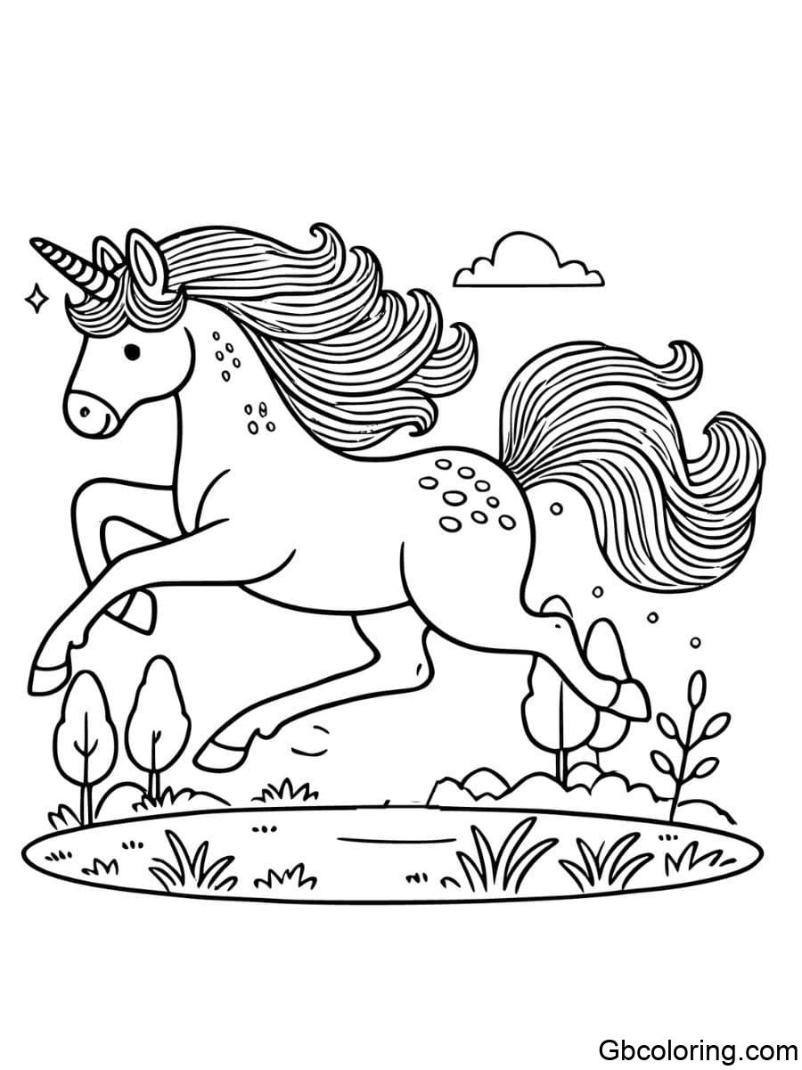 unicorn horse galloping with flowing mane coloring pages