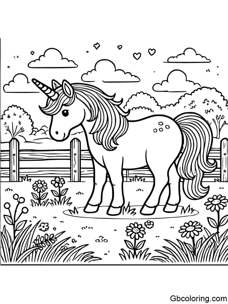 unicorn horse grazing in a farm coloring pages