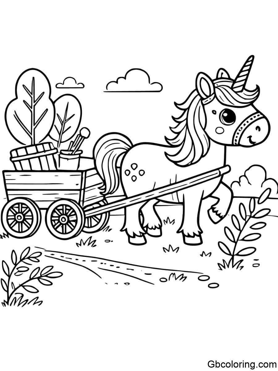 unicorn horse pulling a cart on a dirt path coloring pages