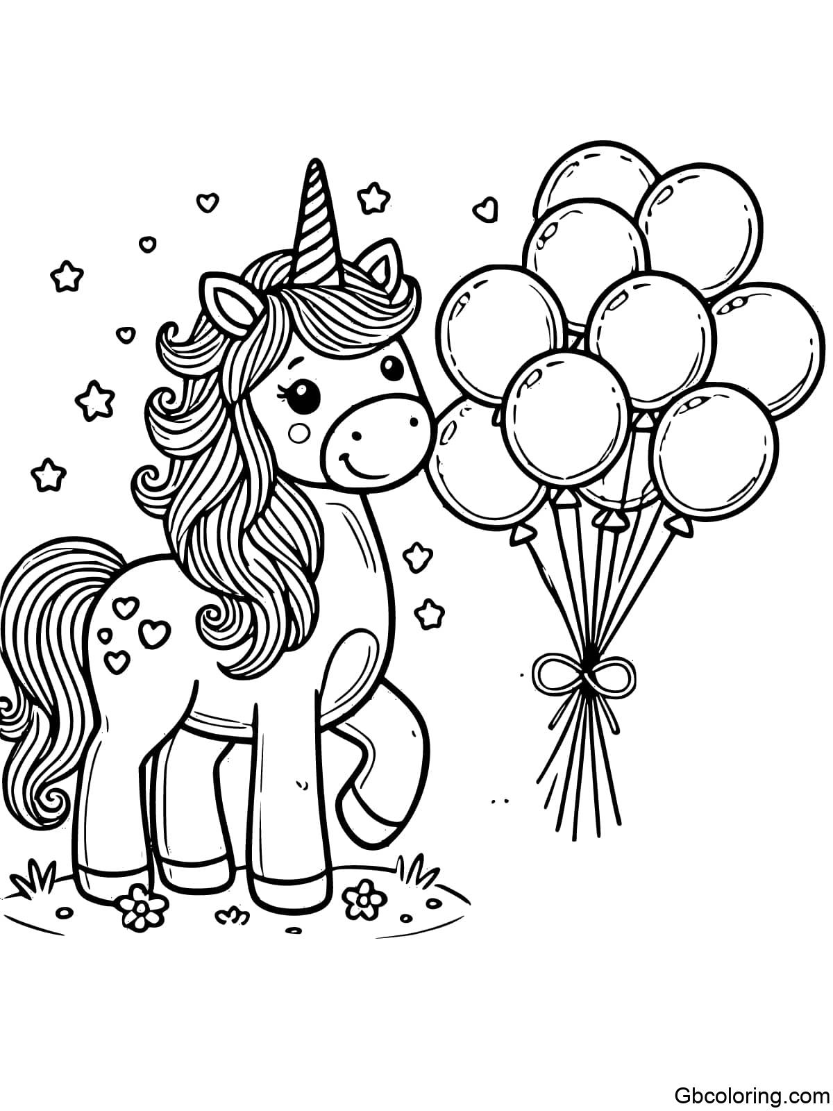 A simple unicorn holding birthday balloons, designed for children to color.