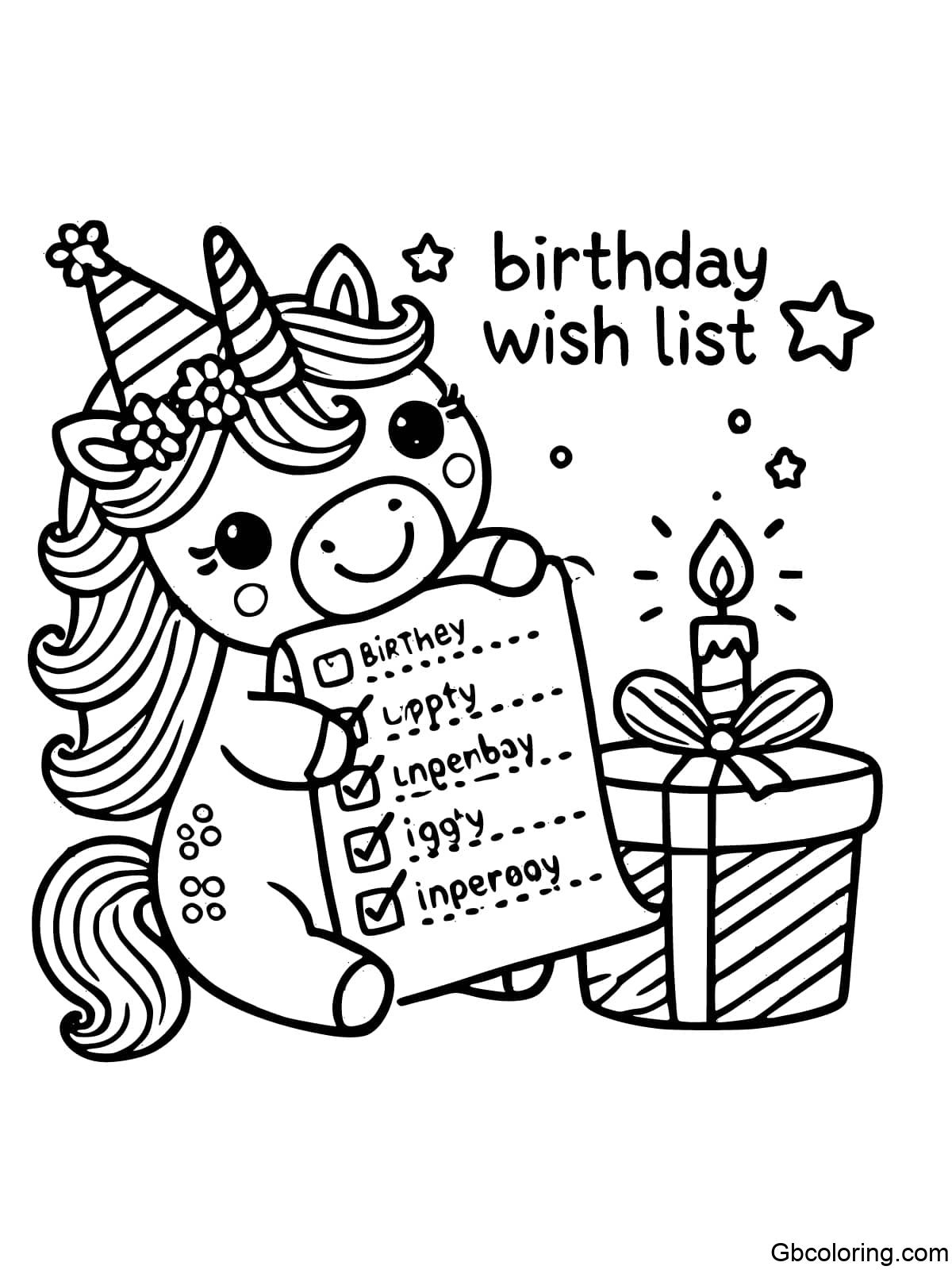 A unicorn holding a birthday wish list, ready for children to color.