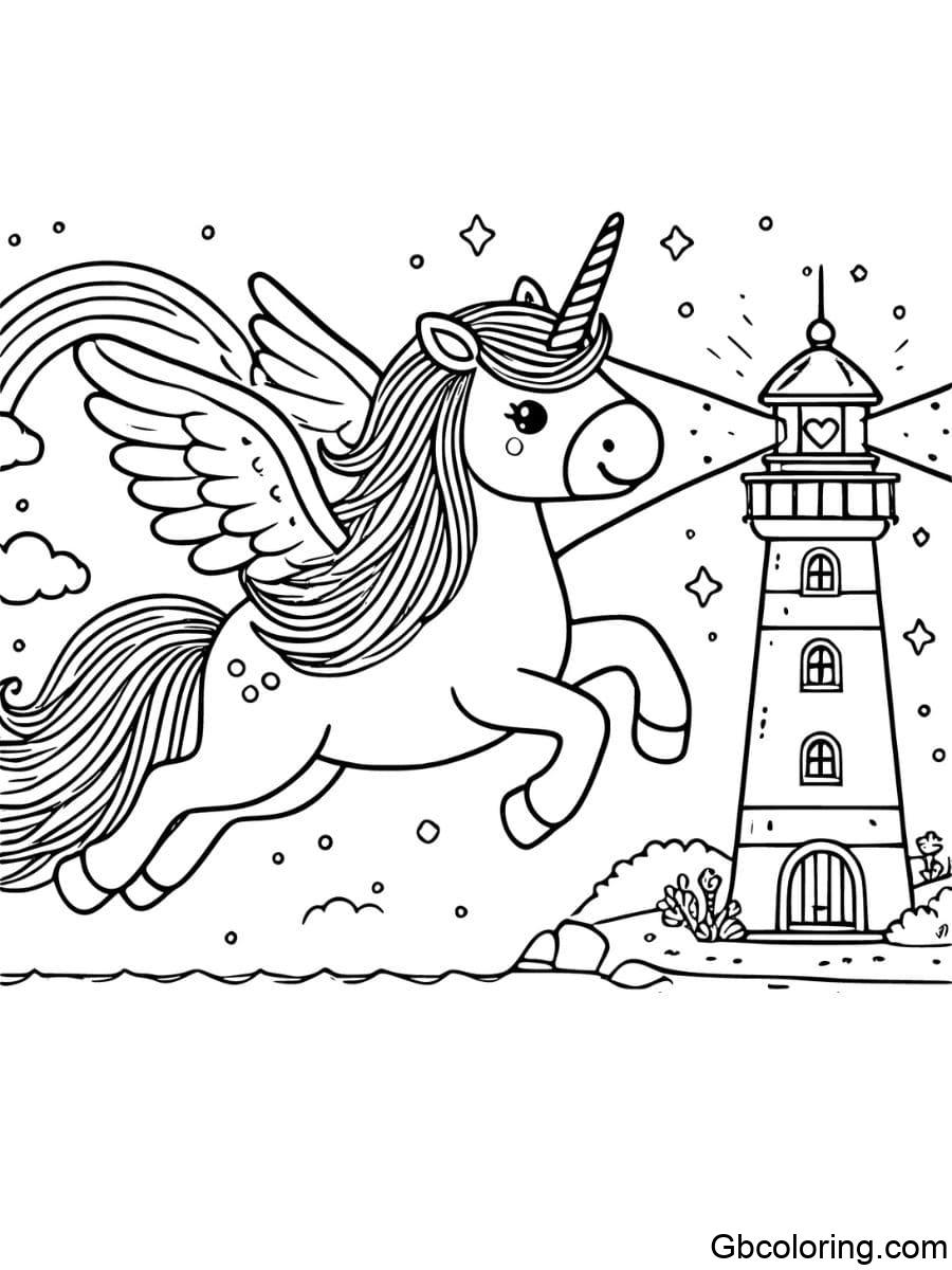 Unicorn with wings flying over a lighthouse coloring pages