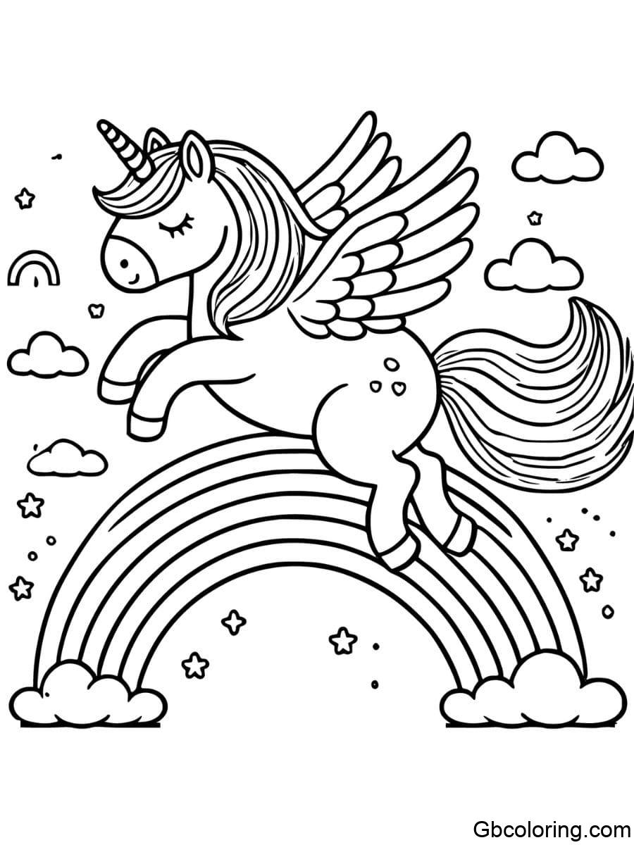 Unicorn with wings flying over a rainbow coloring pages