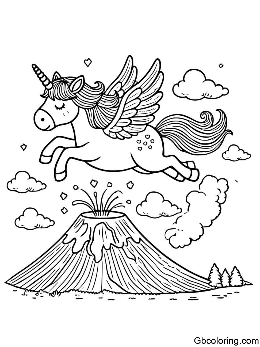 Unicorn with wings flying over a volcano coloring pages