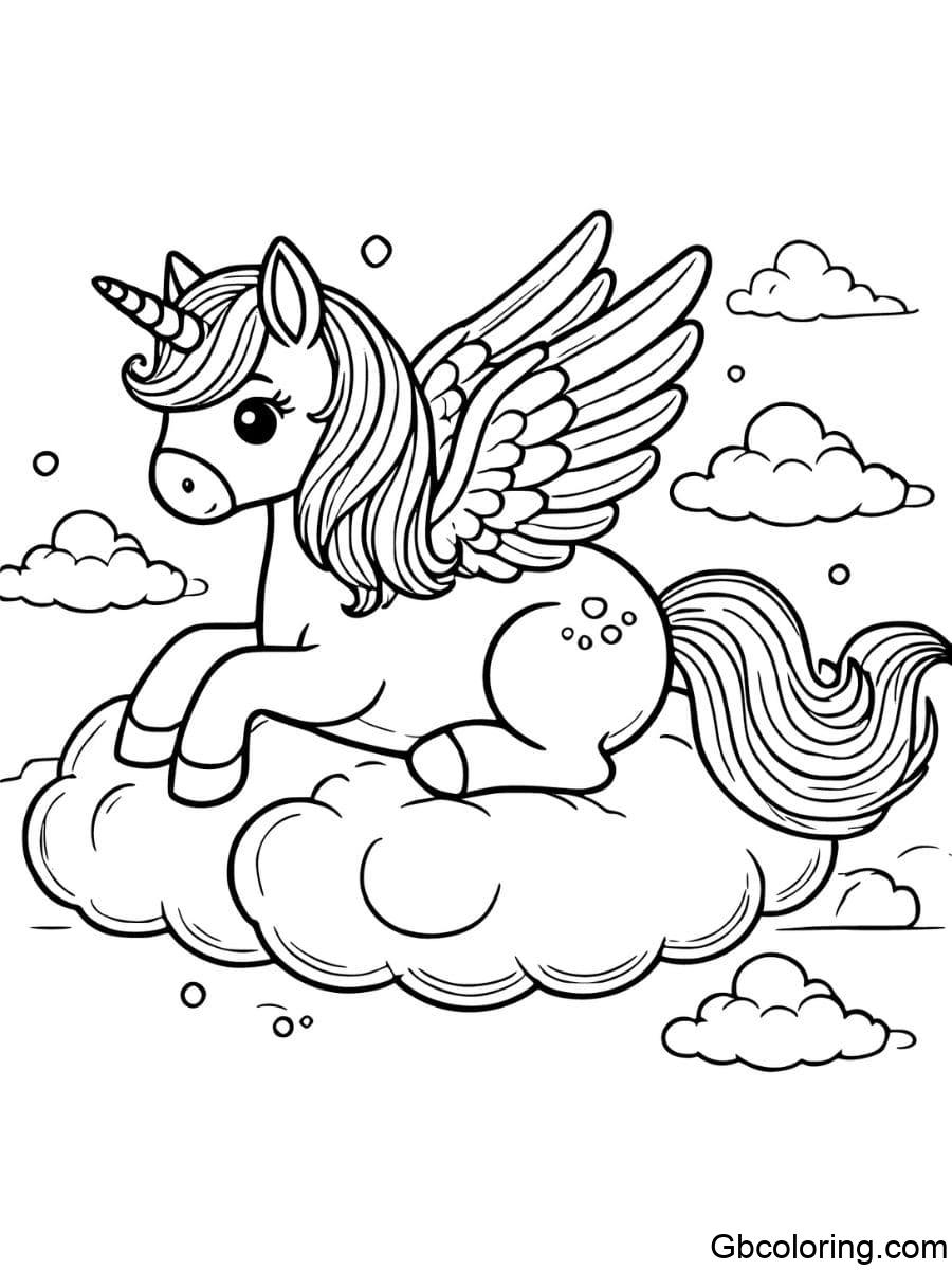 Unicorn with wings flying among fluffy clouds coloring pages