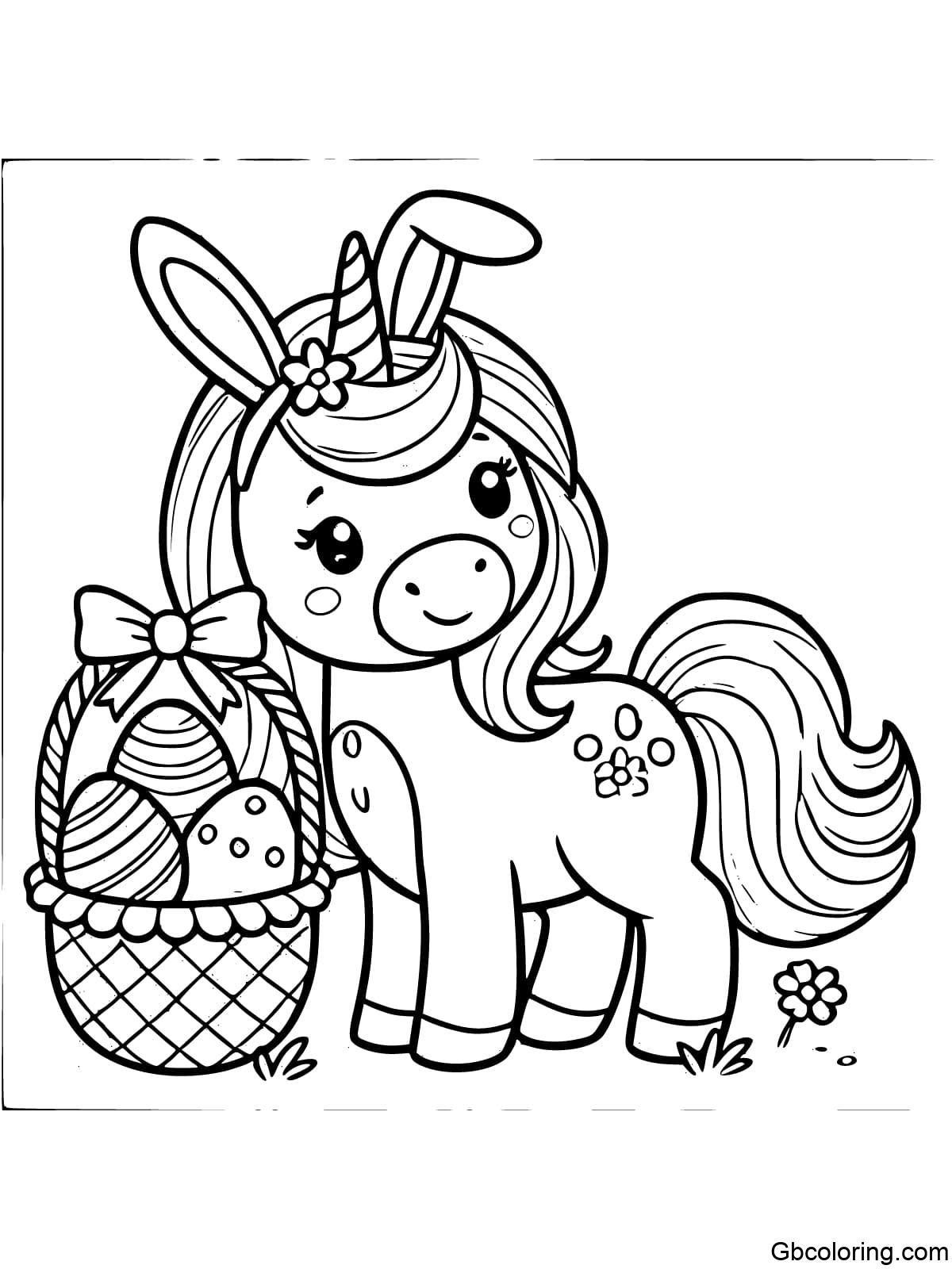 A unicorn wearing bunny ears and holding a basket of Easter eggs