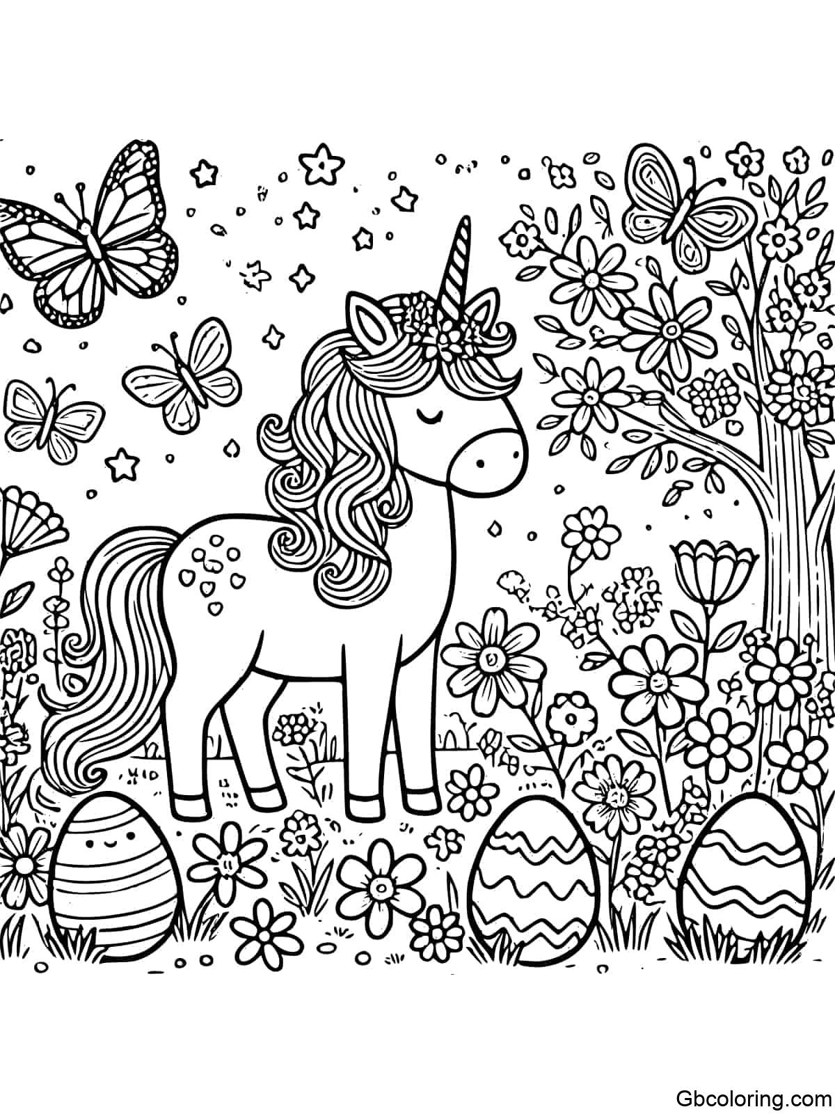 A unicorn surrounded by flowers, Easter eggs, and butterflies in a garden