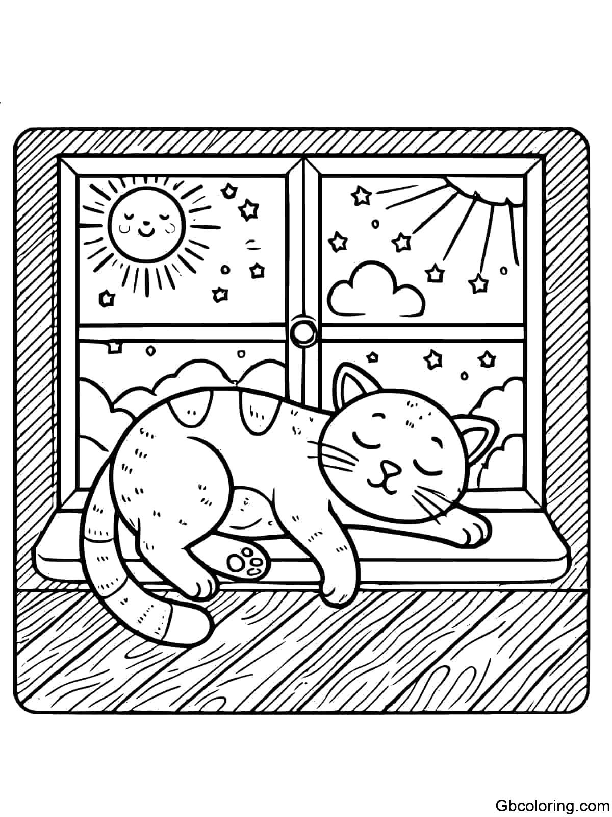 A simple coloring page of a cat dozing off on a window sill with a sunny or starry view outside.