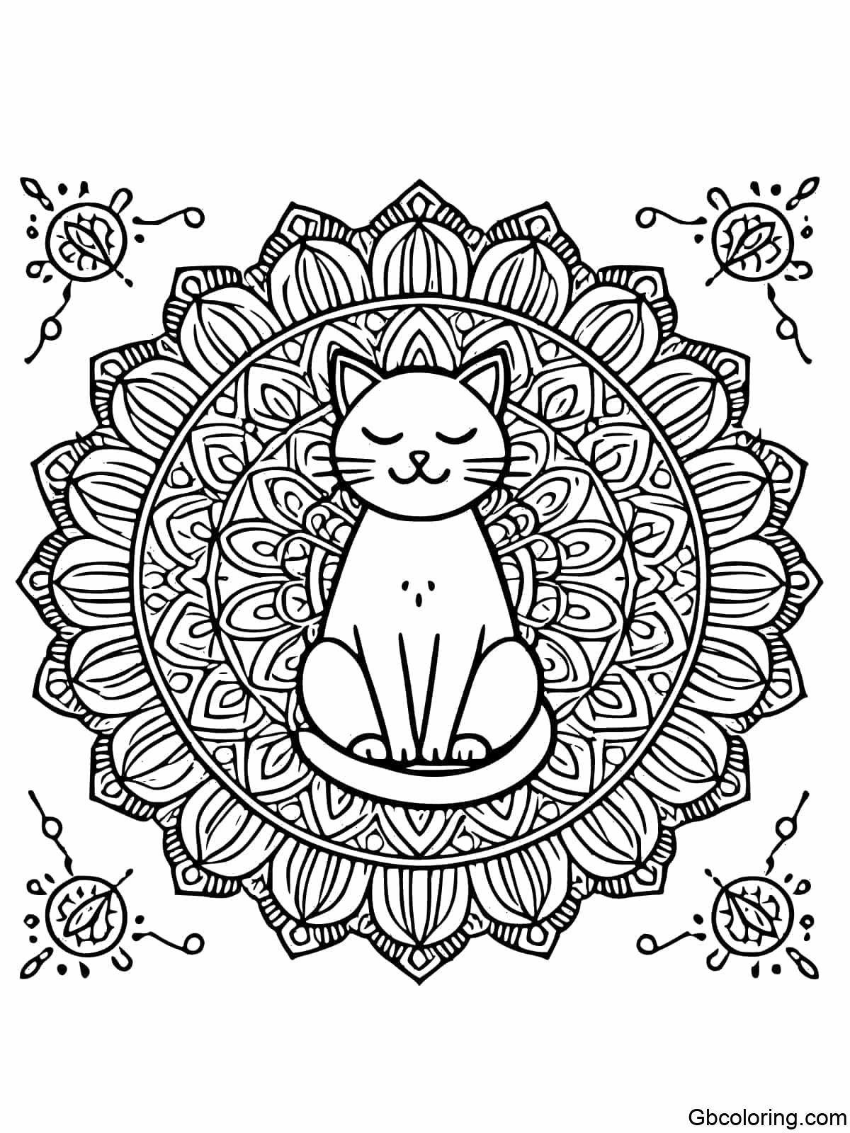 A peaceful cat sitting in the center of a detailed mandala pattern