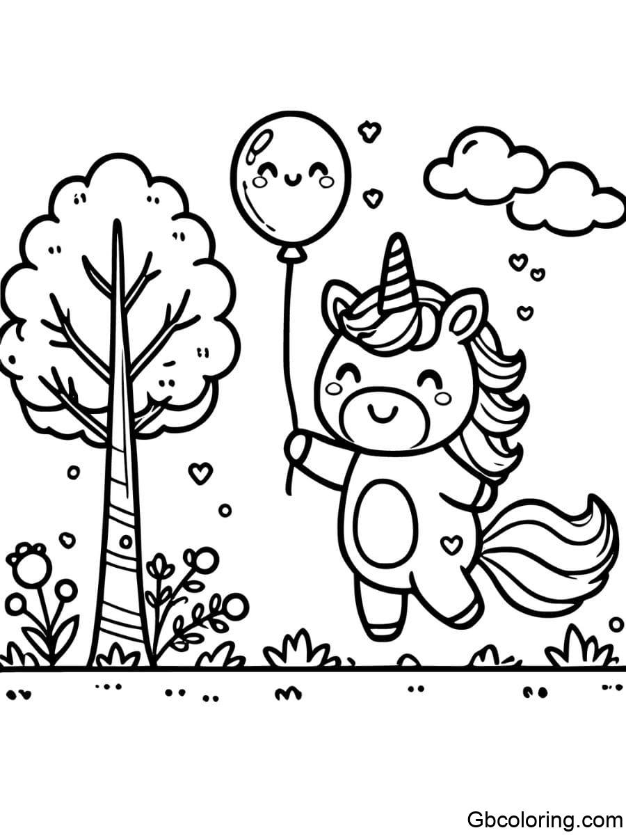 cute unicorn coloring pages holding a balloon next to a tree