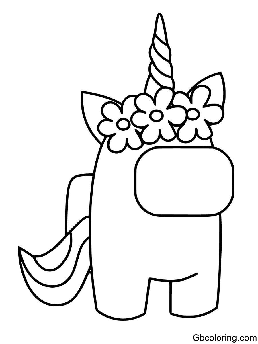 among us unicorn with a flower crown and horn coloring pages