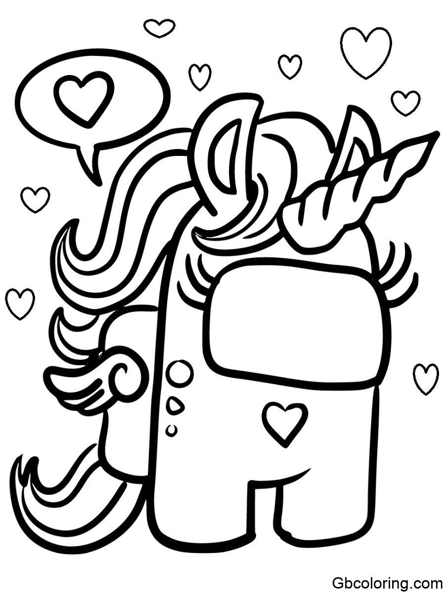 among us unicorn with a horn and heart speech bubble coloring pages