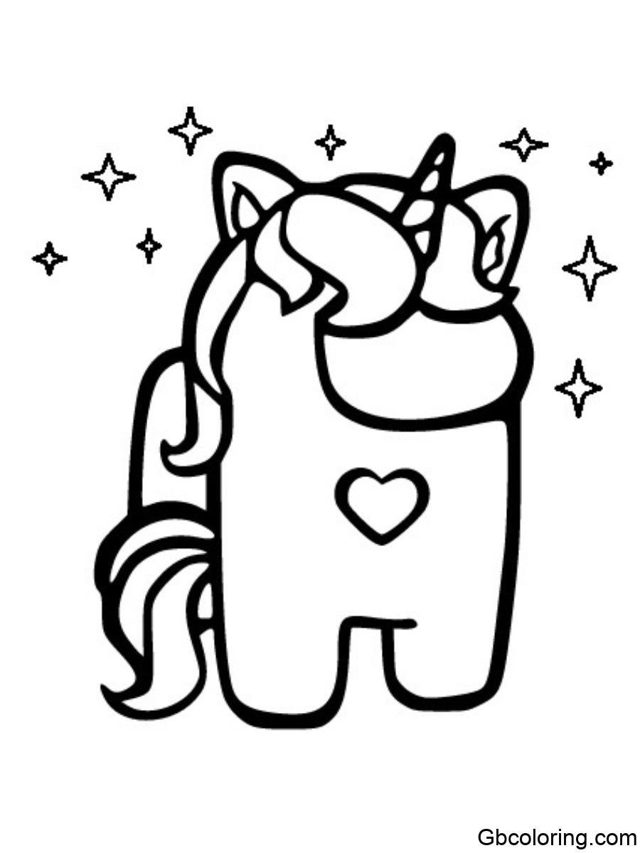 among us unicorn with a horn and stars around coloring pages