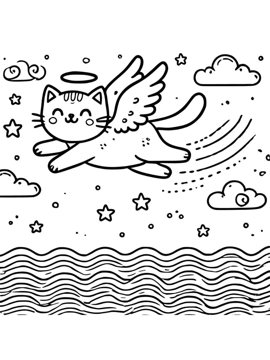 angel cat flying over ocean coloring pages