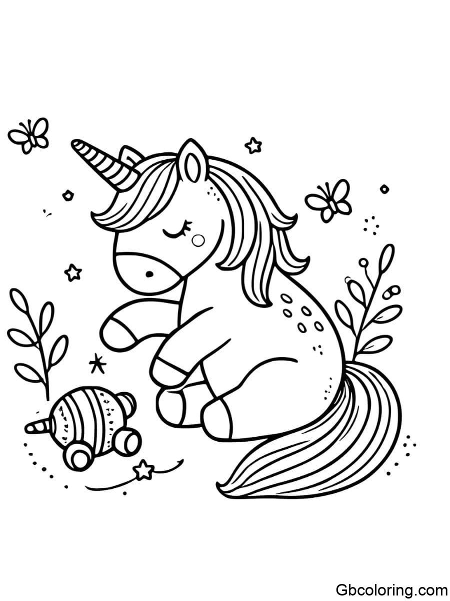 baby unicorn coloring pages playing with a toy