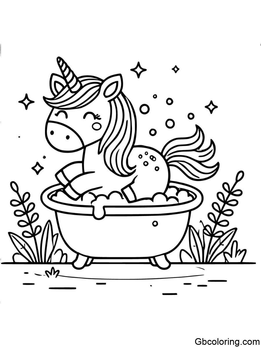 baby unicorn coloring pages bathing in a small tub