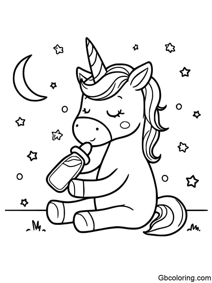 baby unicorn coloring pages drinking milk from a bottle