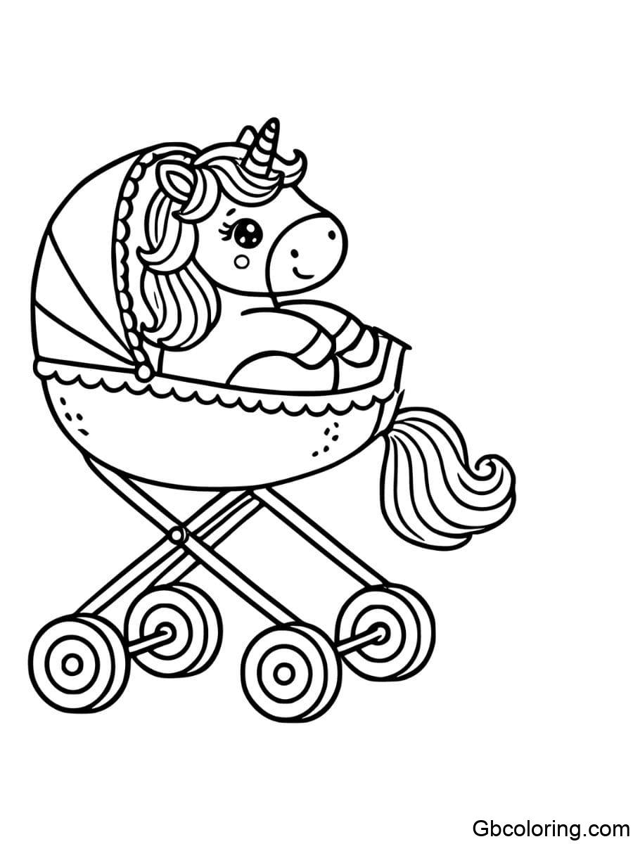 baby unicorn coloring pages sitting in a stroller