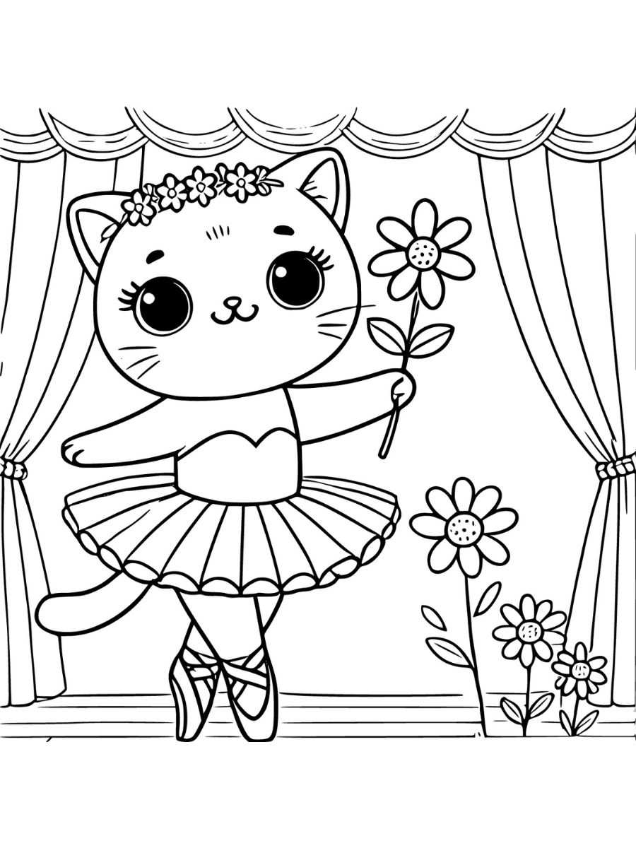 ballerina cat holding flower coloring pages